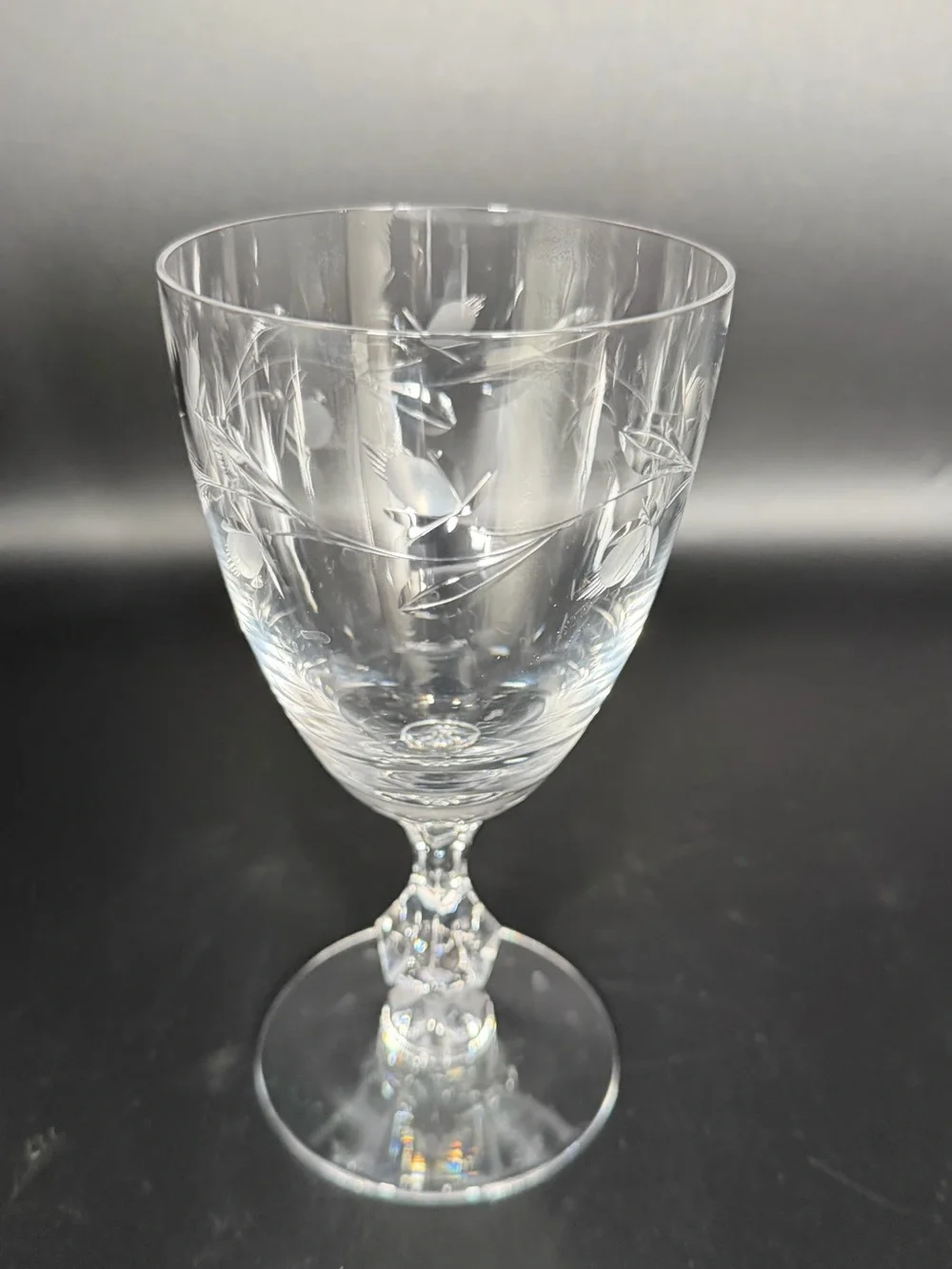 Vintage Etched Crystal Water Goblets  Faceted Stem Set of 5